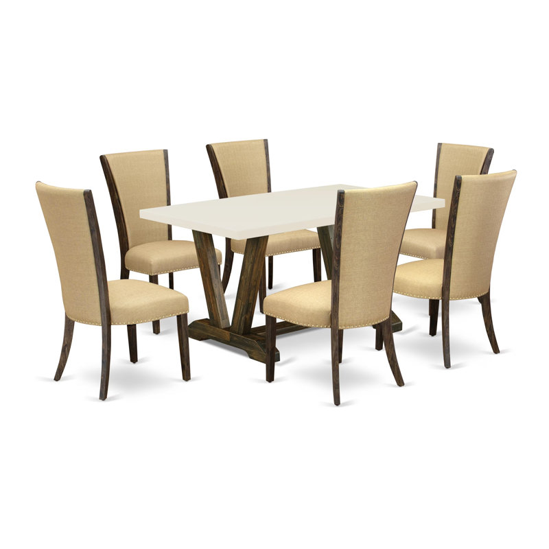 Ensemble de salle à manger 7 pièces comprenant une table rectangulaire à pieds en V et 6 chaises Parson rembourrées en lin brun, 91 x 152 cm, multicolore