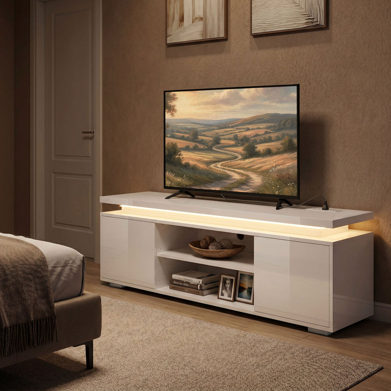 Meuble télé avec lumières DEL pour téléviseur de 60 po, console, blanc ultrabrillant, Blanc