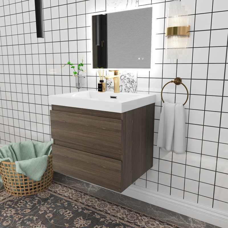 Meuble-lavabo simple avec plateau en résine Teriann, Gris cendré