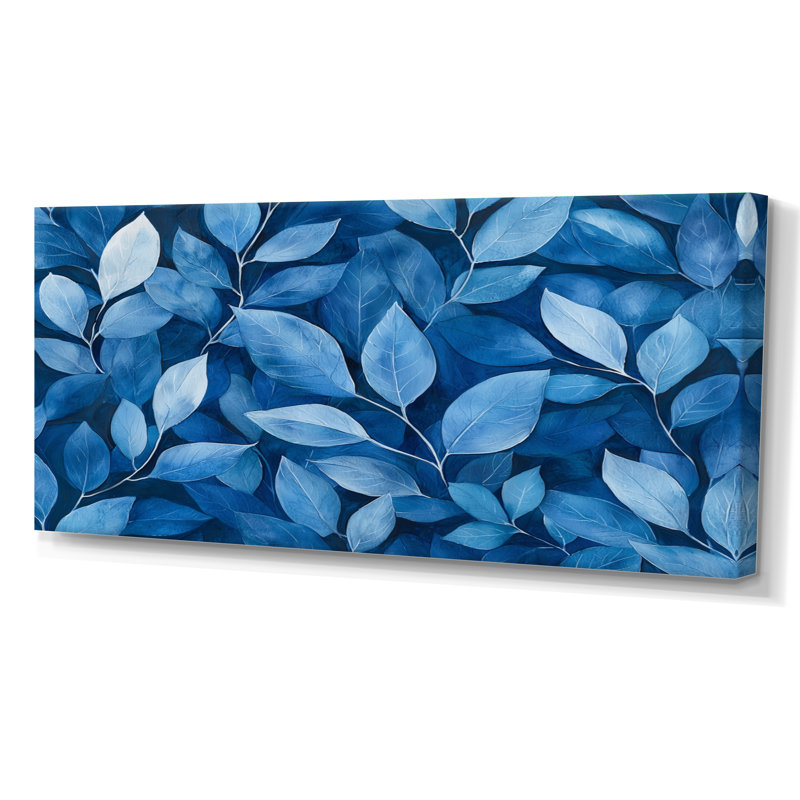 Indigo feuilles feuillage collage I - feuilles, art mural, H 28 po x l 60 po, Toile tendue, Ne s’applique pas