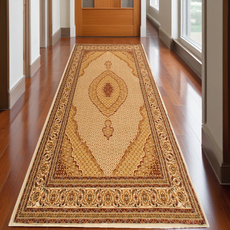 Tapis oriental crème tissé à la machine, Tapis de couloir 2 pi x 15 pi