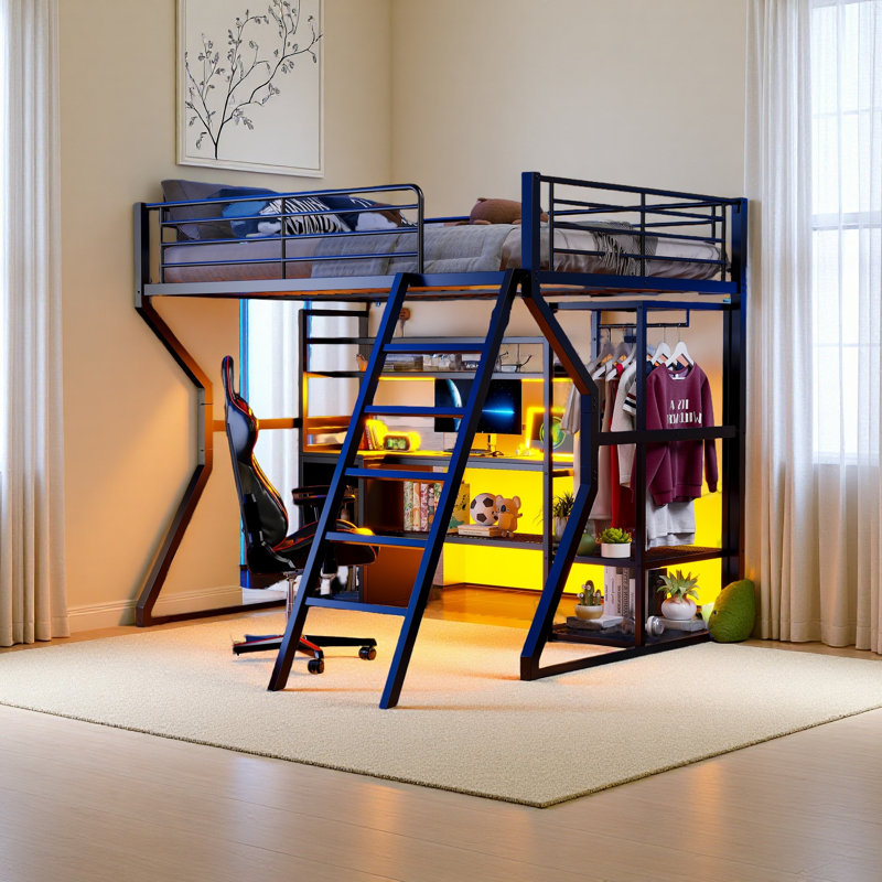 Lit mezzanine double en métal avec poste de travail intégré, garde-robe ouverte, DEL et rangement multiple, noir