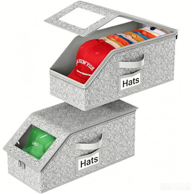 Paquet de 2 boîtes de rangement pour chapeaux empilables, peut contenir 28 casquettes de baseball, organisateur de garde-robe transparent avec carton robuste, gris