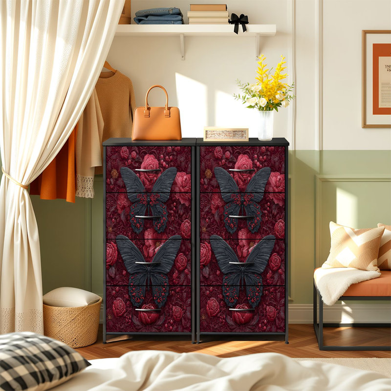 Commode pour la chambre à coucher avec 4 tiroirs de rangement Papillons noirs foncés, papillons noirs, rouge foncé, fleurs complexes, commode rose