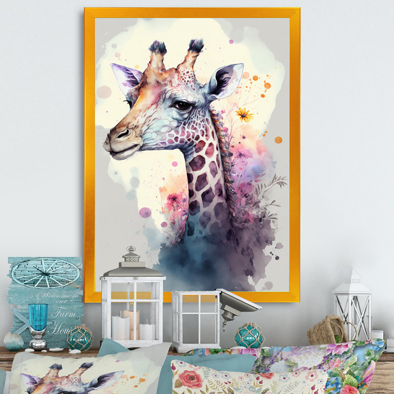 «Cute Giraffe Floral III», impression sur toile, H 20 po x l 12 po x P 1 po, Cadre photo doré
