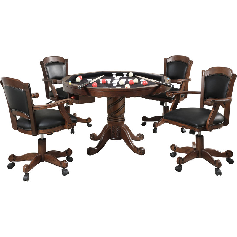 5 Noir et tabac pour la salle à manger, table à trois places avec finition riche et conversion facile, motif en spirale à feuilles, piscine à bord en feutre, chaises rembourrées flexibles, siège à piédestal rond 4 parties 5