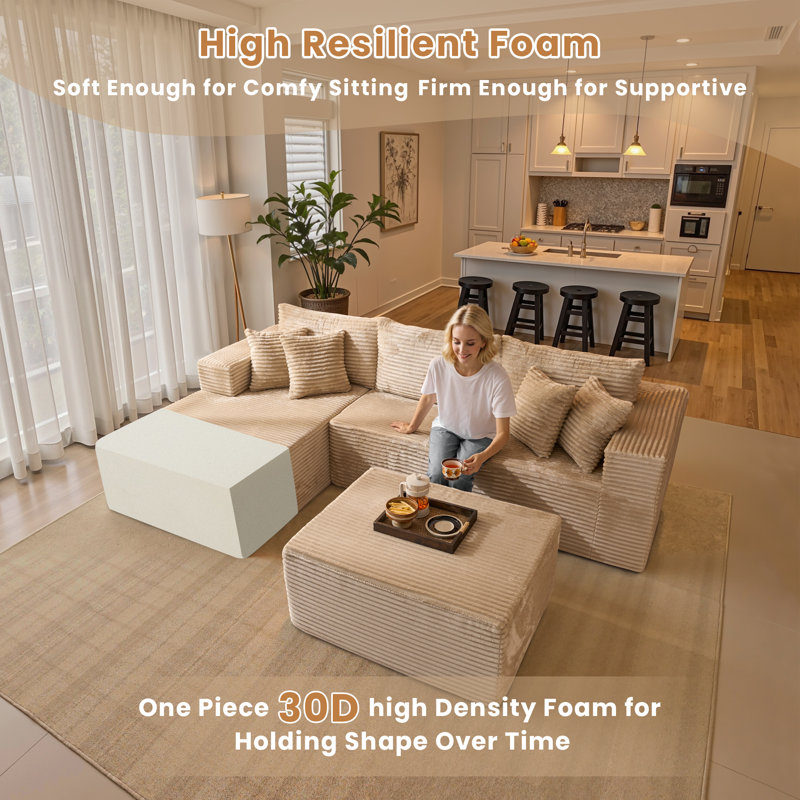 108'' Cloud Upholstered Sectional Couch With Chaise L-Shape Modern Modular Sofa With Ottoman For Living Room Bedroom No Assembly Required