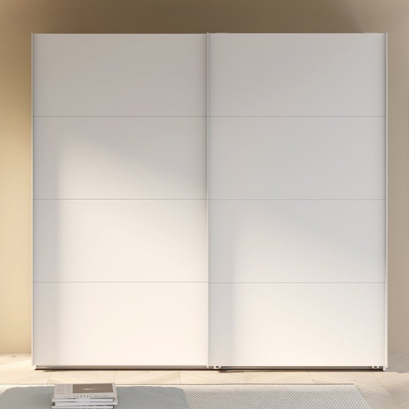 Modern Wardrobe with 2 Sliding Doors, Engineered Wood, White, 210.1cm H x 220.1cm W x 62.9cm D, Chrome