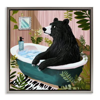 Bear in Plant Filled Bath Black Framed Floater Canvas Wall Art, design by Annabelle Hall