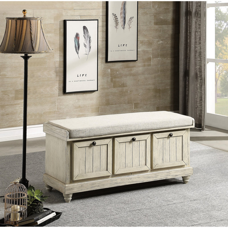 Banc de rangement rabattable avec quincaillerie bronze foncé et housse de coussin beige en bois massif, White