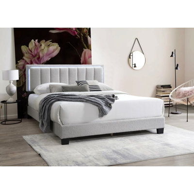 1Pc Full Size Bed Channel Tufting W Led Full Upholstered Light Gray Finish Bedroom Furniture