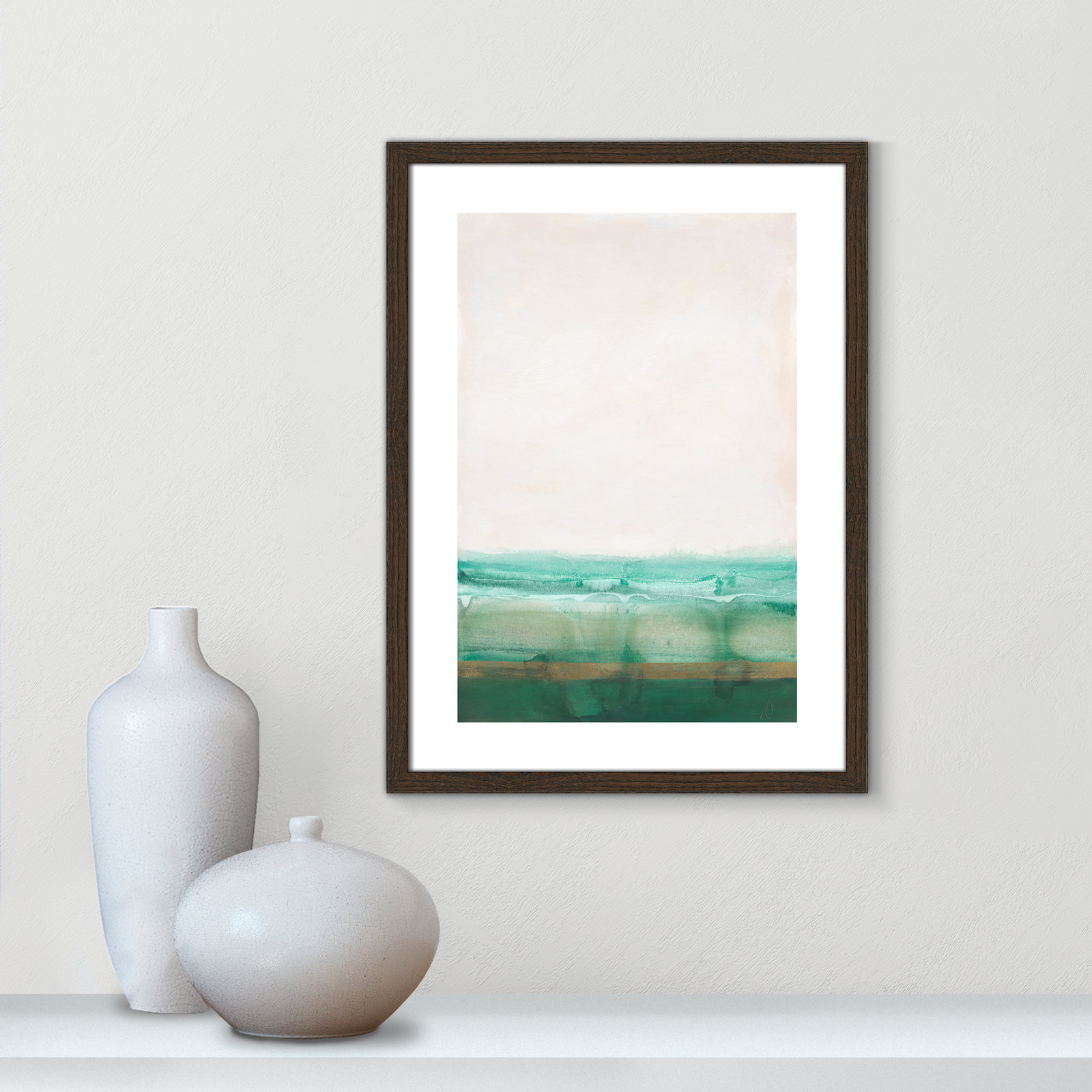 Franke "Emerald Shores" Print by Filippo Ioco, 23" H x 17" W x 0.75" D, Walnut Wood Framed Paper
