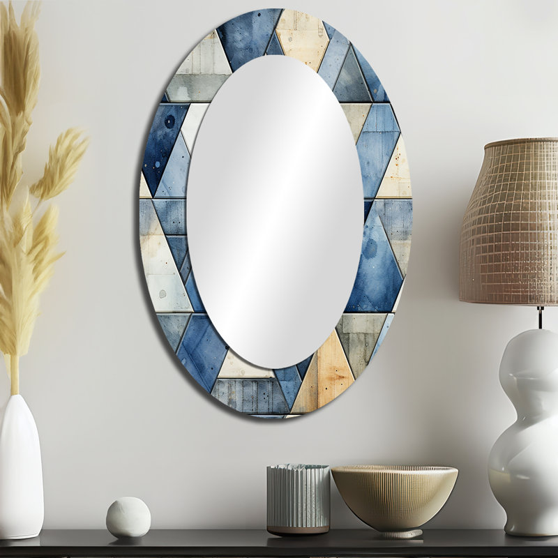 Rustic Cobalt Triangle Symphony - Grand miroir mural ovale sur métal, 36 po x 24 po