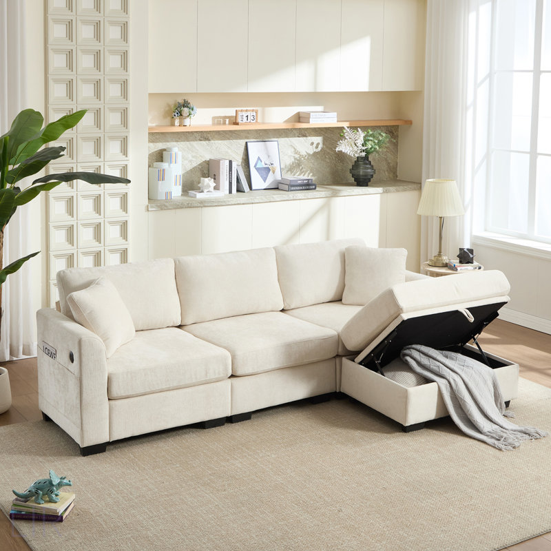 Canapé modulaire moderne en forme de L avec double port USB, poches latérales, rangement pour repose-pieds et tissu chenille confortable pour des sièges spacieux