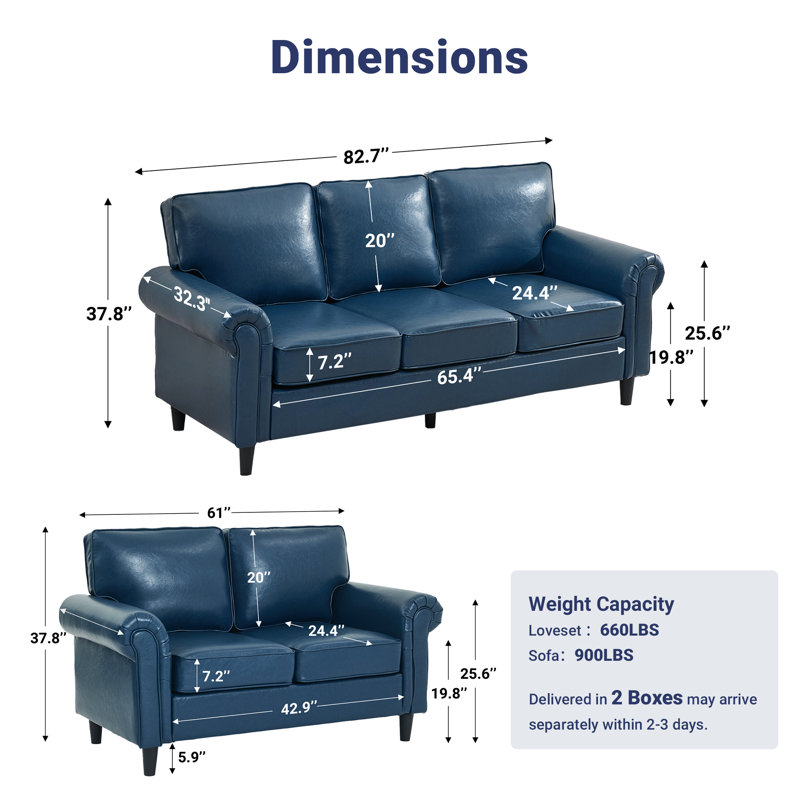 3- Piece Sofa Set Faux Leather Couch Rolled Arm Chair Living Room Set, 2 Pcs: Loveseat, Sofa, Royal Blue