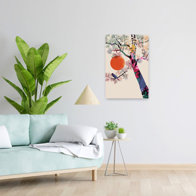 Japanese Summer Bold Colorful Modern Bird Landscape Nature Wall Art Print 1 Piece Wrapped Canvas Wall Art