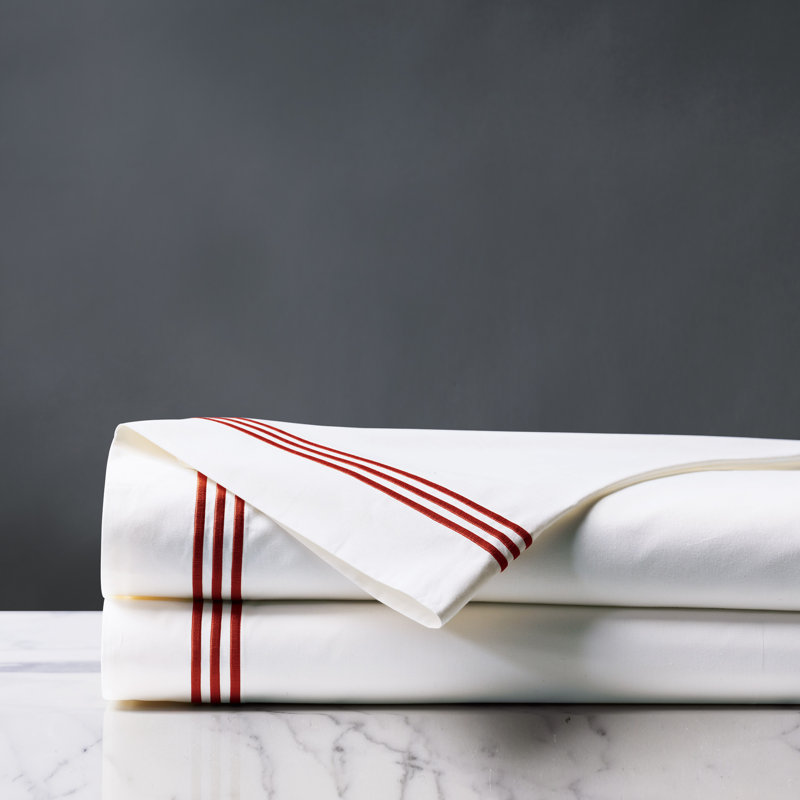 Tessa 100% Cotton Percale Striped Flat Sheet, White/Scarlet, Queen Flat Sheet