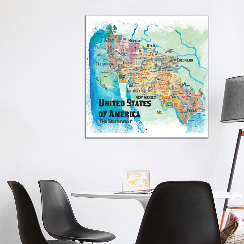 USA, Southwest States Travel Poster Map 1 Piece Wrapped Canvas Wall Art, 93.98cm H x 93.98cm W