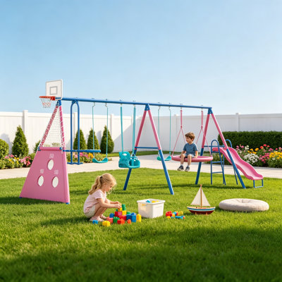 Ensemble de balançoire d'extérieur en métal robuste - Ensemble de jeu pour enfants 8-en-1 avec glissade, siège de soucoupe, balançoires de ceinture, buts de soccer, planeur, balançoire pour bébé et panier de basketball, peut supporter 650 lb, rose et bleu