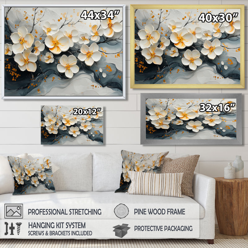 Velours noir, fleurs de cerisier II - art mural encadré Cherry Blossom, H 30 po x l 40 po, Cadre simple, Noir
