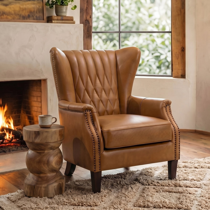 Ameliah Genuine Leather Wingback Club Chair for Office & Home, Camel Genuine Leather