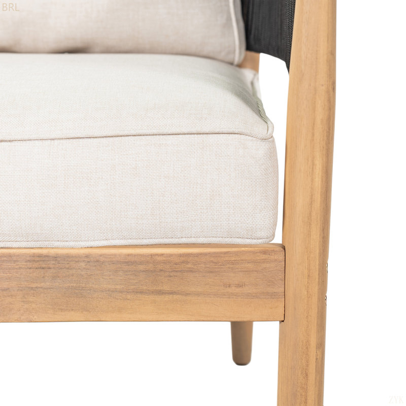 Fauteuil club d'extérieur en bois d'acacia, bois de finition naturelle, coussin beige, Noir/naturel