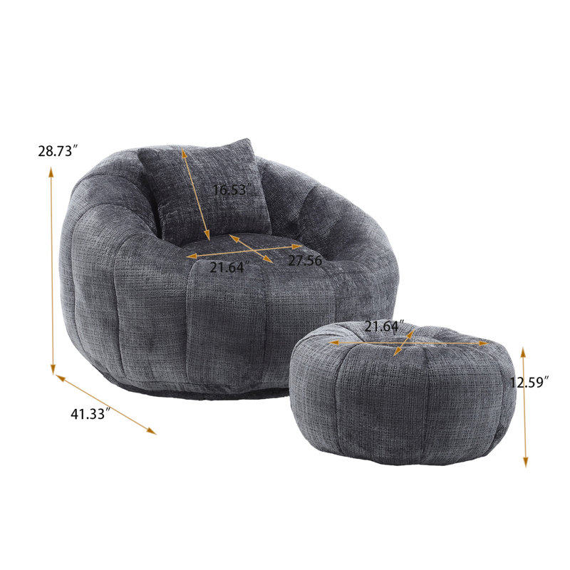 Cloud-Like Memory Foam Bean Bag Chair & Ottoman Set Soft Fabric Lounger with Pillow for Living Room/Playroom, Gray Chenille