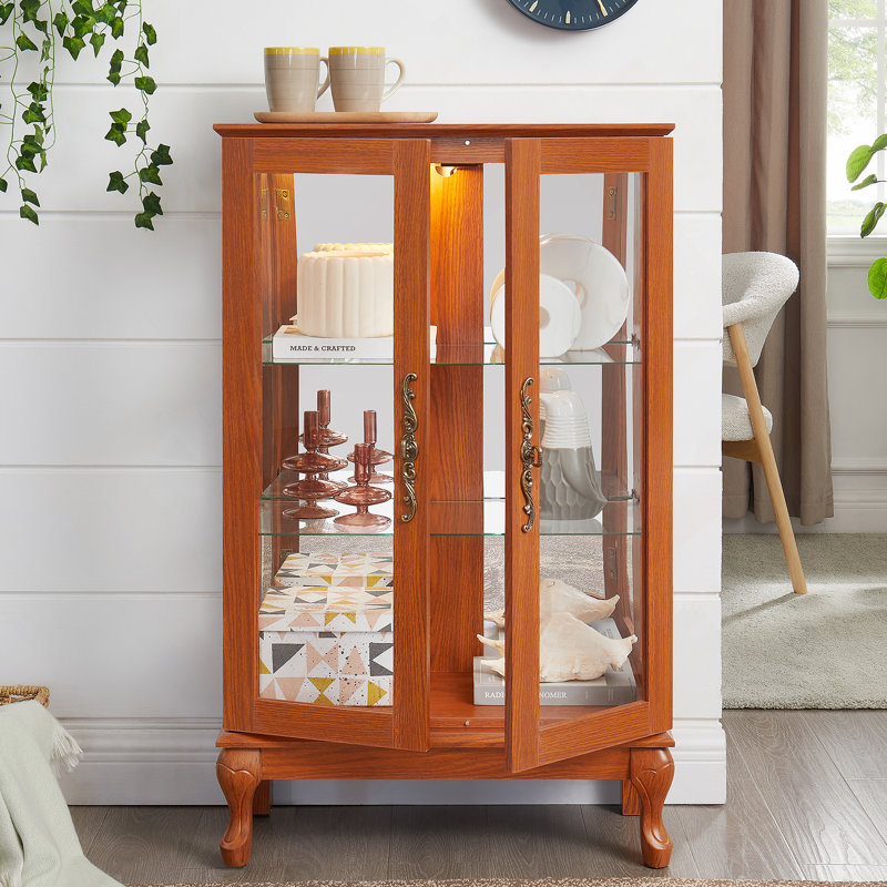 Vitrine 2 portes avec portes en verre trempé, armoires de terrasse avec panneau arrière en miroir et tablettes réglables, vitrine éclairée pour la maison, ampoule de bureau incluse CHÊNE FONCÉ