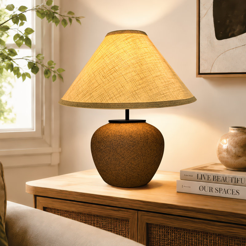 Lampe de table en terre cuite 16,3 po H avec abat-jour en lin blanc, pour chambre à coucher, table de chevet
