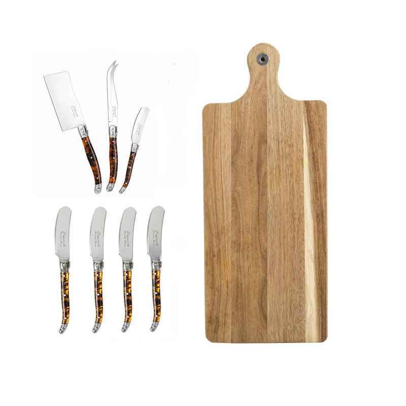 French Home 8-Piece Laguiole Tortoise Shell Cheese Knife And Spreader Set With Wood Board