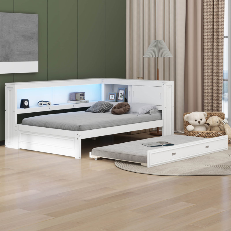 Full Size Wood Daybed With Storage Shelves, USB, LED, And Trundle, White