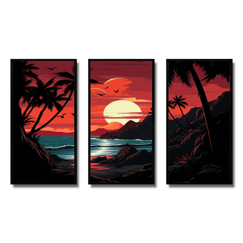 Coucher de soleil rouge audacieux paysage - coucher de soleil côtier, art mural, Cadre flottant noir