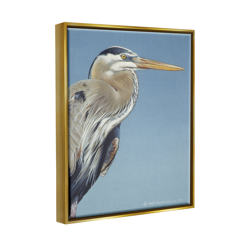 «Heron Portrait on Blue» par Rod Lawrence, Cadre flottant métallique doré, H 21 po x l 17 po x P 1,7 po
