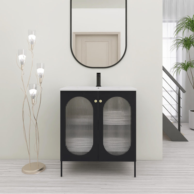Ensemble de meuble-lavabo simple 30,02 po avec plateau en céramique Sanjai, Noir