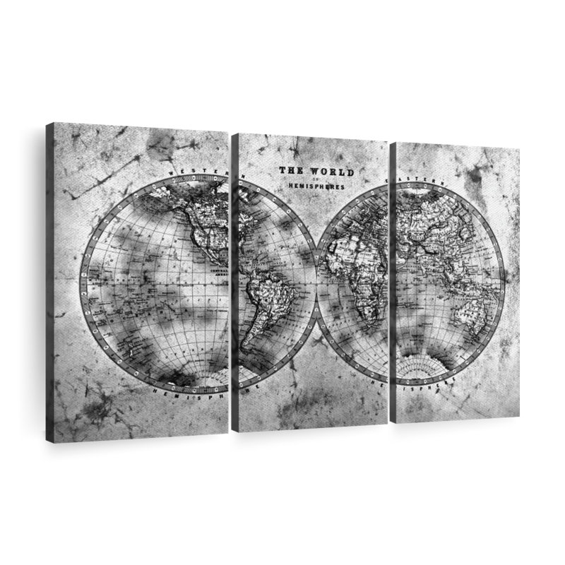 World Map " Hemispheres Contrast World Map " by Tess P 3 - Pieces, 38" H x 24" W x 1.25" D
