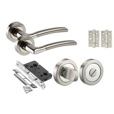  Indiana Style Modern Bathroom Door Handles on Round Rose with Duo Chrome Finish with Ball Bearing Hinges and 64mm Tubular Latch