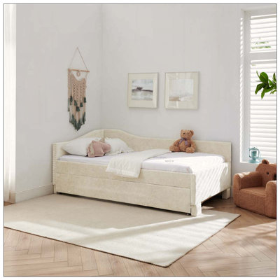 Curved Round Edge Padded Backrest Daybed, Vintage Nailhead Trim Chenille Daybed with Pull-out Trundle and USB Port