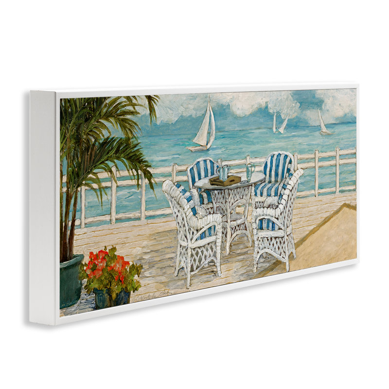 Giclée sur le pont Summer Beach View, design par Charlene Olson, H 13 po x l 30 po, Giclée encadrée blanc bord de mer