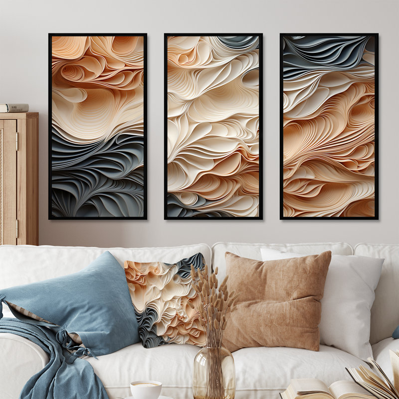 «Beige and Orange Custards Collage I», ensemble d'art mural abstrait, H 28 po x l 36 po x P 1 po, Cadre flottant noir