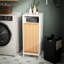Armoire de salle de bain avec devant, tirette et panier amovible, autoportante, blanc naturel, un tiroir, deux tablettes, finition laquée, l 13 po de largeur, 33,5 po de hauteur, panier à linge profond