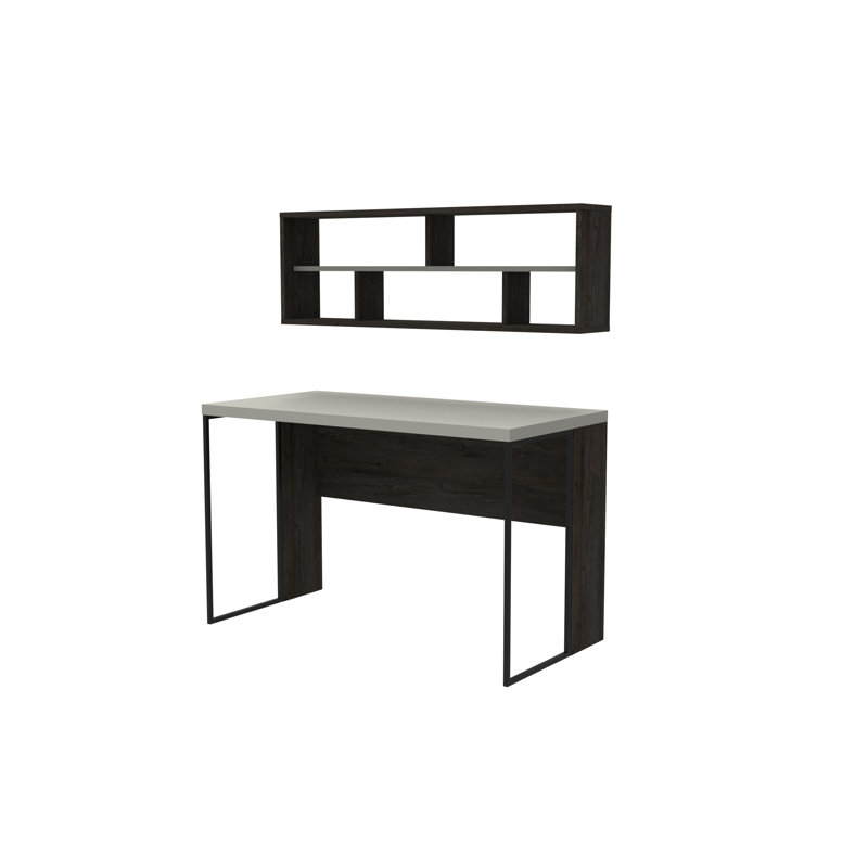 Traudel Writing Desk With Wall Shelf, Dark Coffee/White