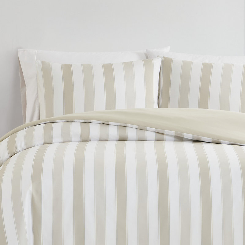 Literie à rayures Aiden, Blanc / Brun clair, Édredon pour lit simple + 1 taie décorative stan