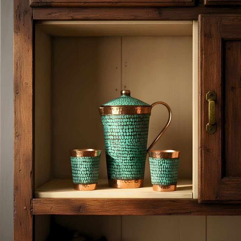 Ensemble de pichet à eau en cuivre avec couvercle et 2 gobelets faits à la main de couleur turquoise Patiente Ambiente