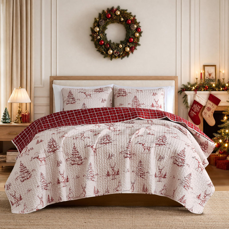 Ensemble de courtepointe réversible de Noël Winterwood de Southshore Fine Linens, en microfibre doublement brossée à motif toile de Noël avec revers à carreaux rouges, 1 courtepointe et 1 taie d'oreiller, 1 place / 1 place XL
