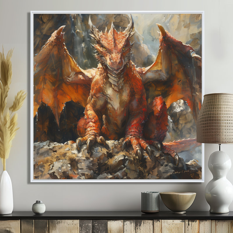  «Orange Beige Dragons Mythical Creature - décoration murale Mythical Creatures, Black Picture Framed, H 16 po x l 16 po