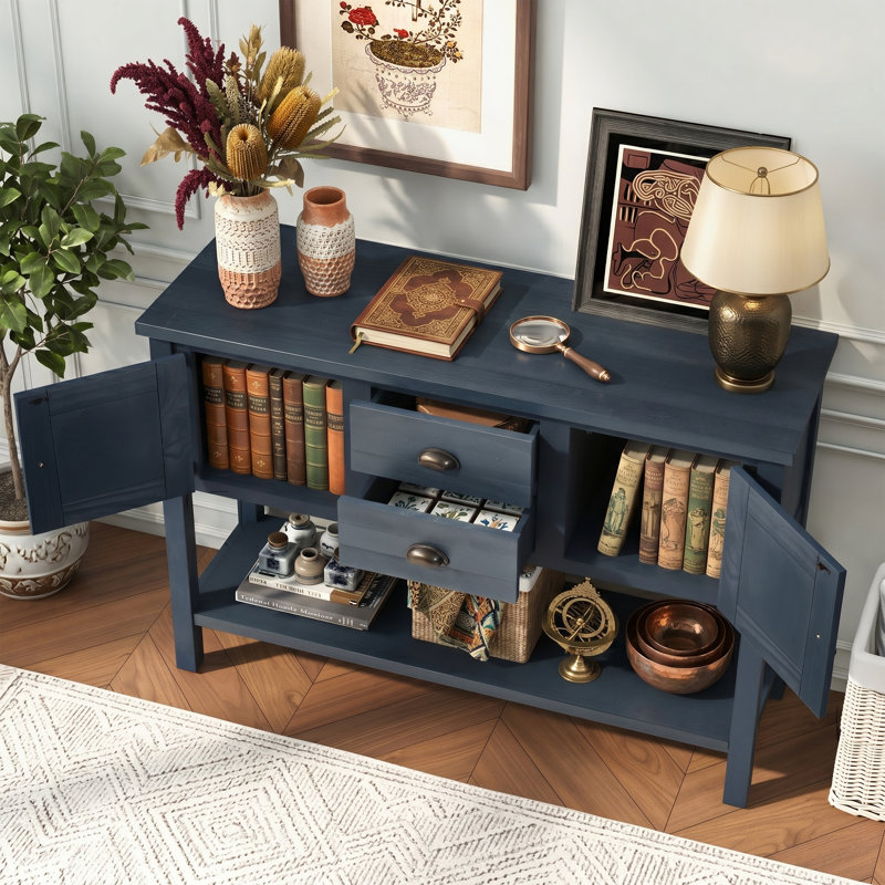 Buffet 48 po en bois massif espresso avec console 2 tiroirs et 2 portes avec tablette inférieure ouverte, Navy Blue