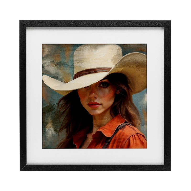 «Cowgirl Gaze Beneath Hat», reproduction encadrée sous verre, conception de Kim Allen, H 13 po x l 13 po, Cadre noir minuit