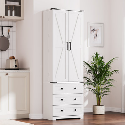 72" Tall Pantry Storage Cabinet – Freestanding White Wood Organizer with 2 Doors, 3 Drawers, Adjustable Shelves – Multipurpose for Kitchen, Dining, Living, Bedroom, Bathroom – White