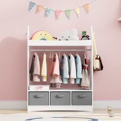 Elegant Kids Dress Up Wardrobe Closet With Child Size Mirror, Open Kids Armoire Wardrobe With 3 Tier Storage Shelf And 3 Drawers Storage For Costume, Hats, Shoes And Other Things, Rocket Theme