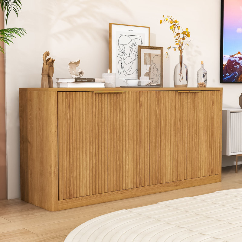 Curved Sideboard with 4-Door Storage Cabinet for Living Room, Kitchen, Bedroom or Entryway, Natural